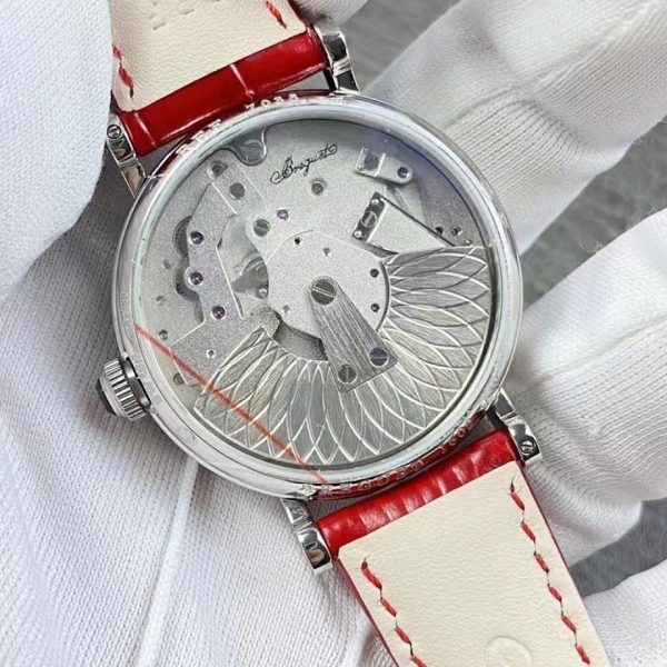 Breguet Tradition Dame Openworked White Gold Diamond Bezel Red Strap ref. 7038BB/1T/9V6/D00D
