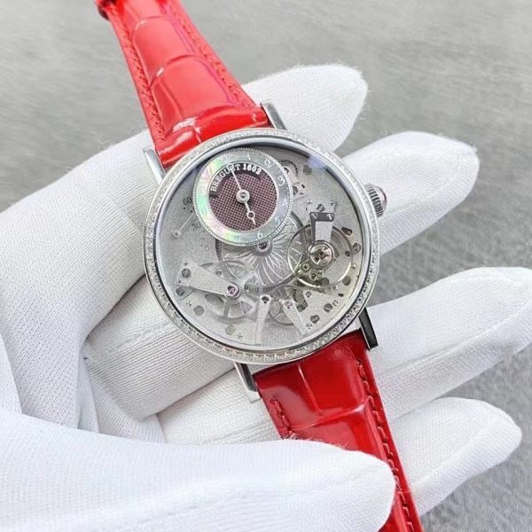 Breguet Tradition Dame Openworked White Gold Diamond Bezel Red Strap ref. 7038BB/1T/9V6/D00D