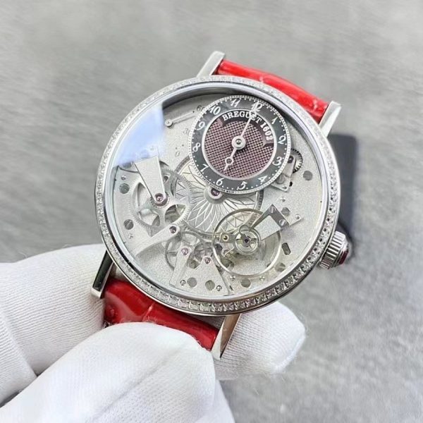 Breguet Tradition Dame Openworked White Gold Diamond Bezel Red Strap ref. 7038BB/1T/9V6/D00D