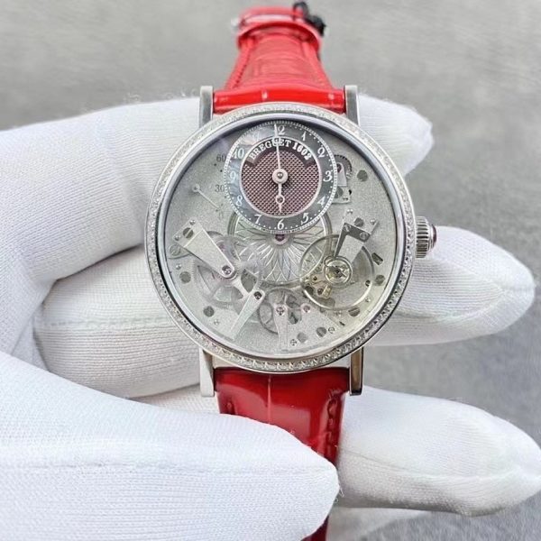Breguet Tradition Dame Openworked White Gold Diamond Bezel Red Strap ref. 7038BB/1T/9V6/D00D