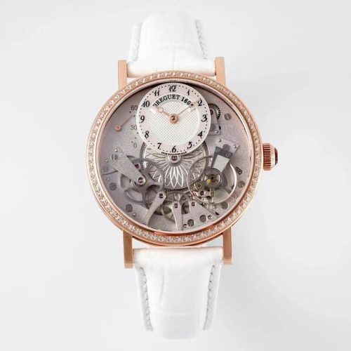Breguet Tradition Dame Openworked Rose Gold Diamond Bezel White Strap ref. 7038BR/18/9V6/D00D