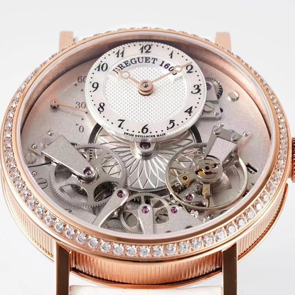 Breguet Tradition Dame Openworked Rose Gold Diamond Bezel White Strap ref. 7038BR/18/9V6/D00D