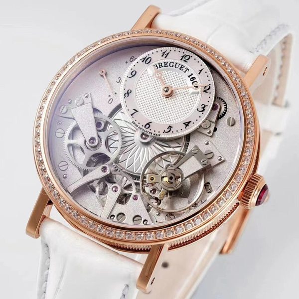 Breguet Tradition Dame Openworked Rose Gold Diamond Bezel White Strap ref. 7038BR/18/9V6/D00D