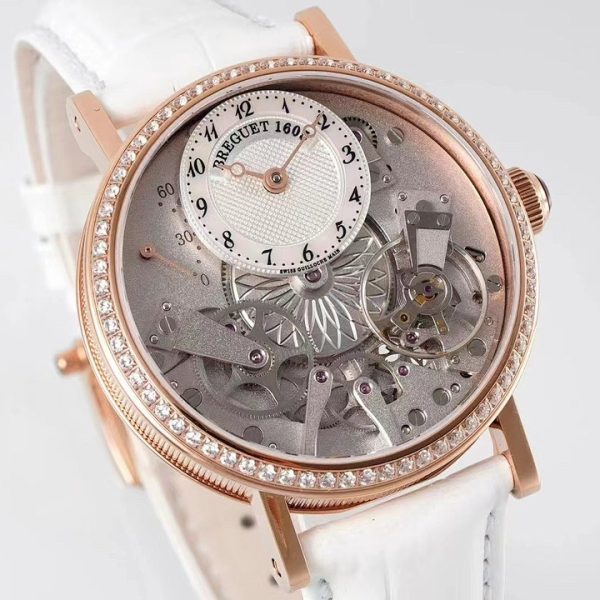 Breguet Tradition Dame Openworked Rose Gold Diamond Bezel White Strap ref. 7038BR/18/9V6/D00D