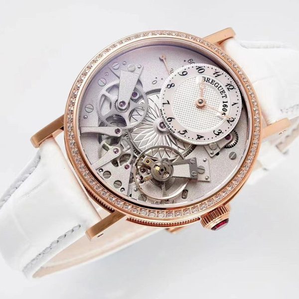 Breguet Tradition Dame Openworked Rose Gold Diamond Bezel White Strap ref. 7038BR/18/9V6/D00D