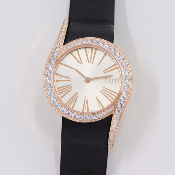 Piaget Limelight Gala Rose Gold Silver Dial Diamond Bezel Black Satin