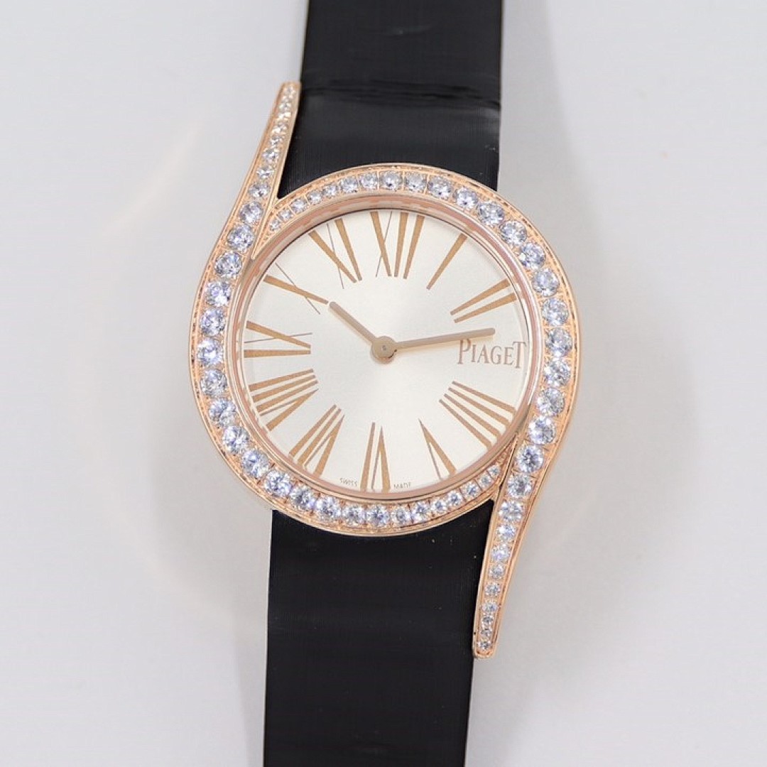 Piaget Limelight Gala Rose Gold Silver Dial Diamond Bezel Black Satin