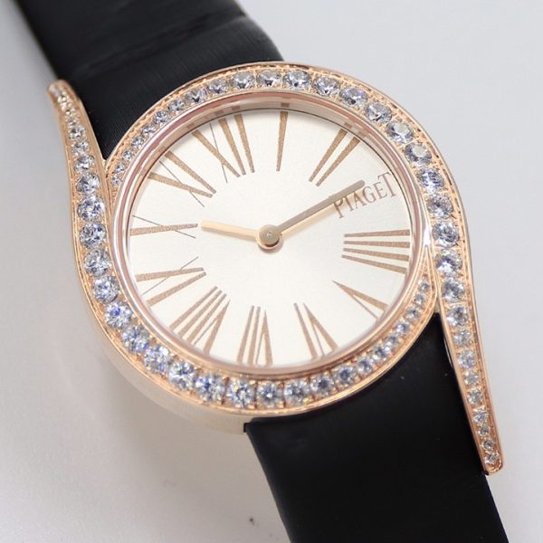 Piaget Limelight Gala Rose Gold Silver Dial Diamond Bezel Black Satin