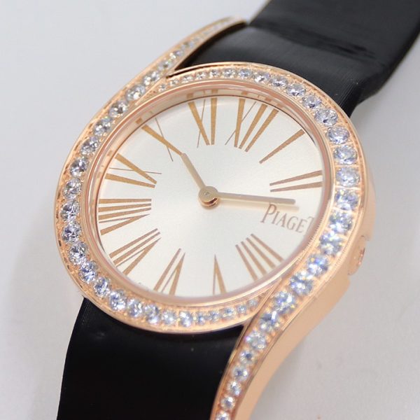 Piaget Limelight Gala Rose Gold Silver Dial Diamond Bezel Black Satin