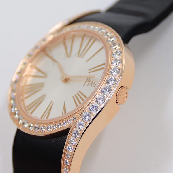 Piaget Limelight Gala Rose Gold Silver Dial Diamond Bezel Black Satin