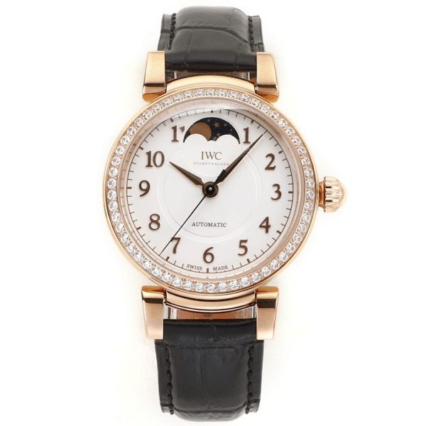 IWC Da Vinci Automatic Moon Phase 36 Rose Gold Diamond Bezel Black Leather Strap