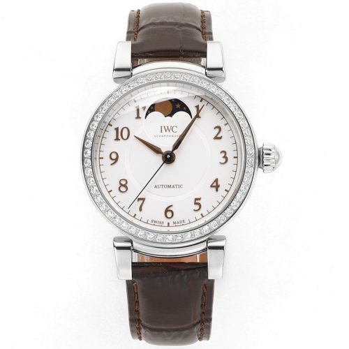 IWC Da Vinci Automatic Moon Phase 36 Stainless Steel Diamond Bezel Brown Leather Strap