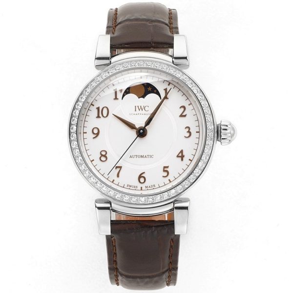 IWC Da Vinci Automatic Moon Phase 36 Stainless Steel Diamond Bezel Brown Leather Strap