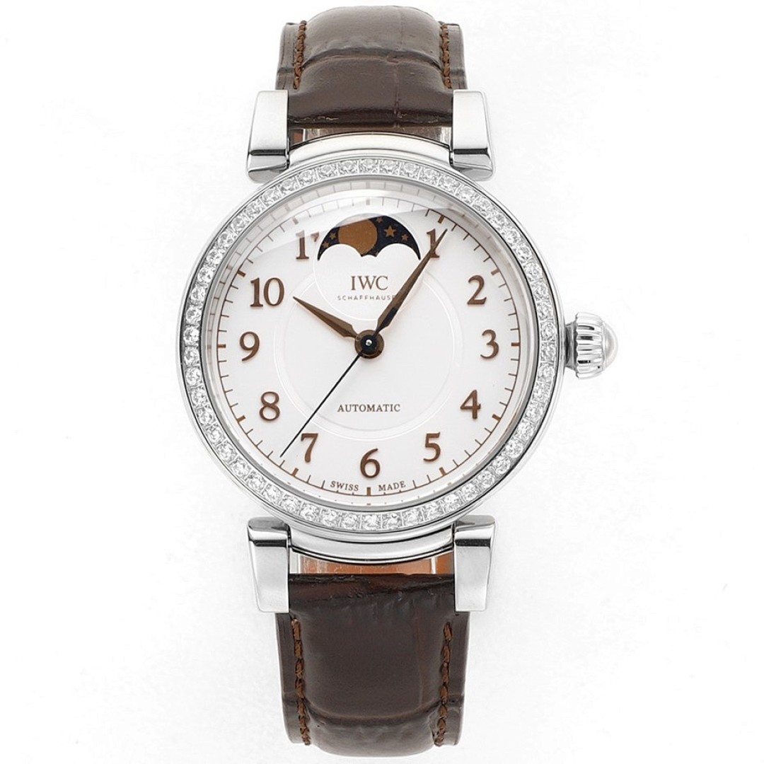 IWC Da Vinci Automatic Moon Phase 36 Stainless Steel Diamond Bezel Brown Leather Strap