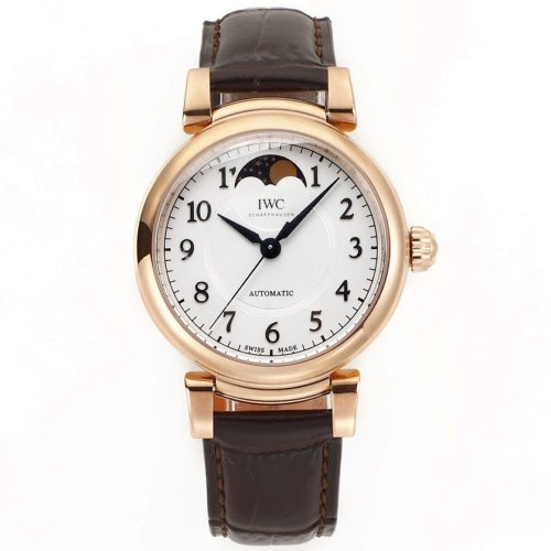 IWC Da Vinci Automatic Moon Phase 36 Rose Gold Silver Dial Brown Leather Strap