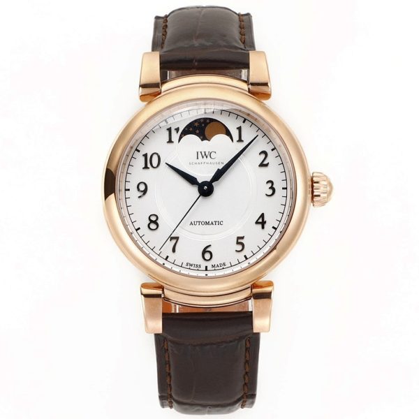 IWC Da Vinci Automatic Moon Phase 36 Rose Gold Silver Dial Brown Leather Strap