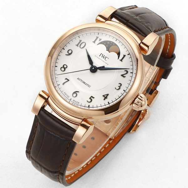 IWC Da Vinci Automatic Moon Phase 36 Rose Gold Silver Dial Brown Leather Strap