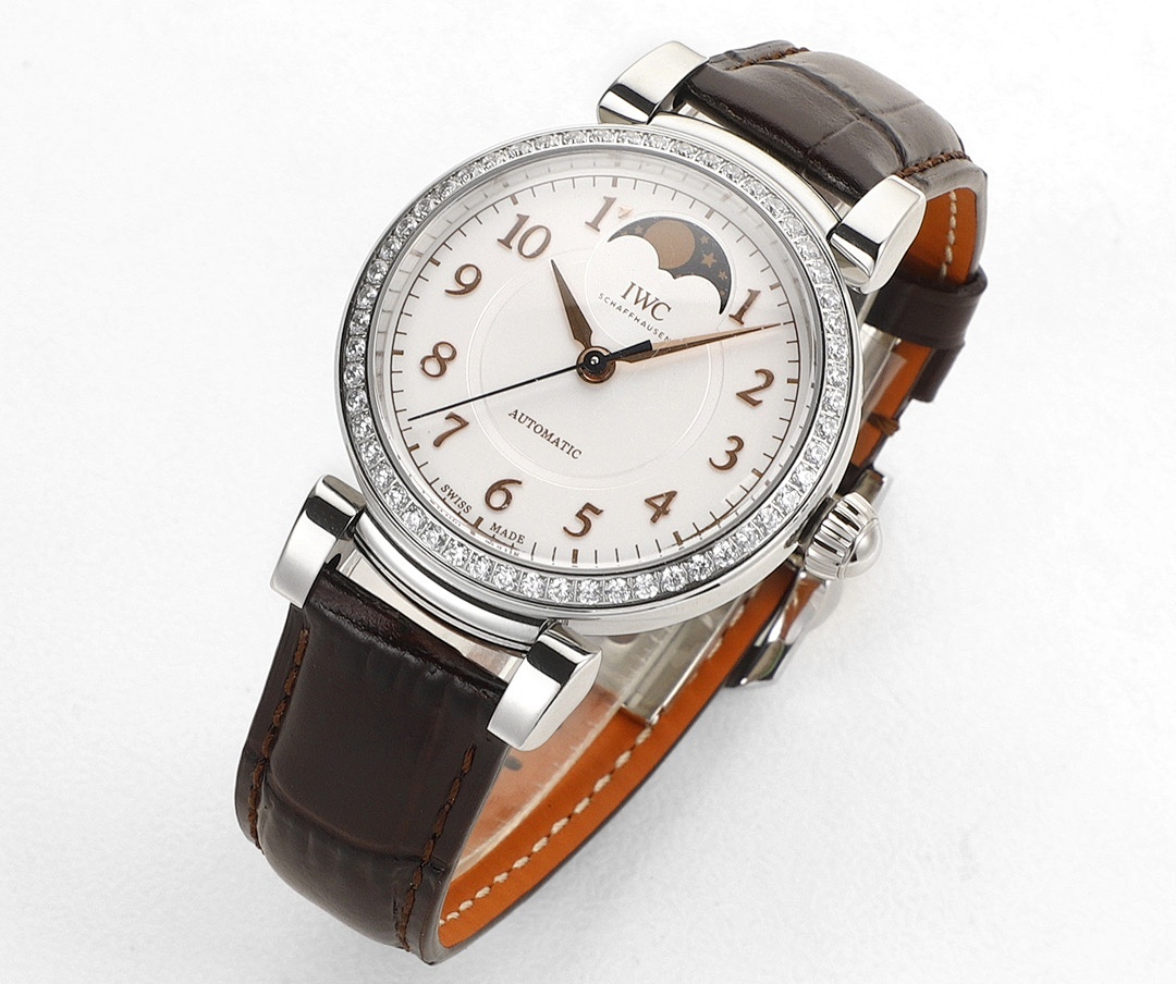 IWC Da Vinci Automatic Moon Phase 36 Stainless Steel Diamond Bezel Brown Leather Strap