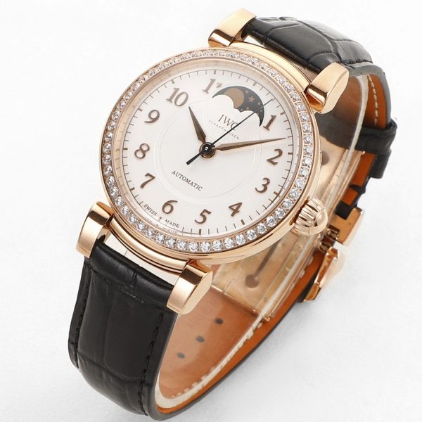 IWC Da Vinci Automatic Moon Phase 36 Rose Gold Diamond Bezel Black Leather Strap