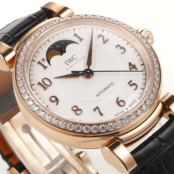 IWC Da Vinci Automatic Moon Phase 36 Rose Gold Diamond Bezel Black Leather Strap