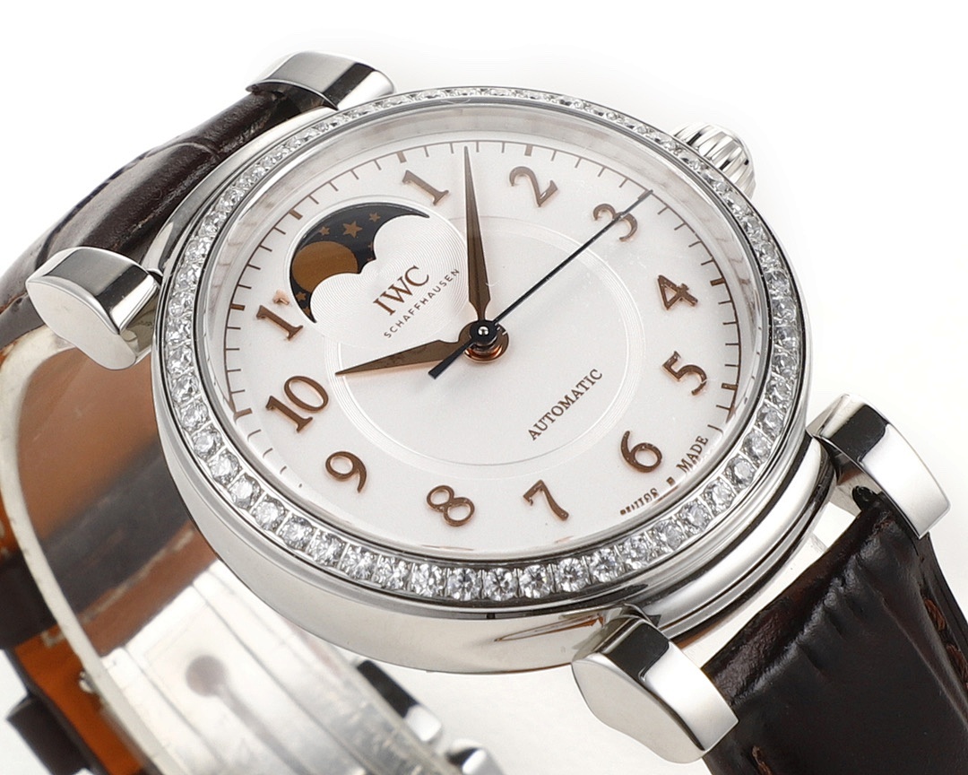 IWC Da Vinci Automatic Moon Phase 36 Stainless Steel Diamond Bezel Brown Leather Strap