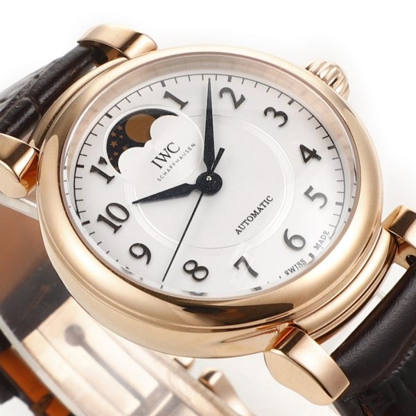 IWC Da Vinci Automatic Moon Phase 36 Rose Gold Silver Dial Brown Leather Strap