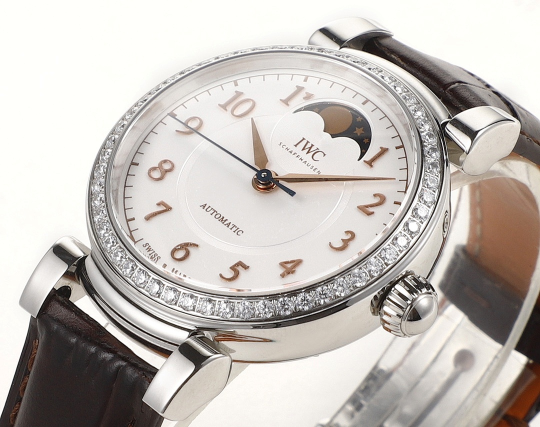 IWC Da Vinci Automatic Moon Phase 36 Stainless Steel Diamond Bezel Brown Leather Strap