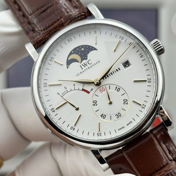 IWC Portofino Hand-Wound Moon Phase Silver Dial Brown Leather Strap
