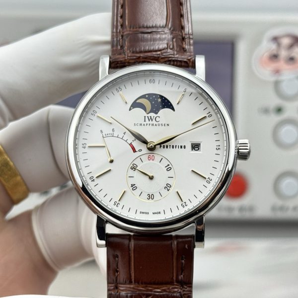 IWC Portofino Hand-Wound Moon Phase Silver Dial Brown Leather Strap