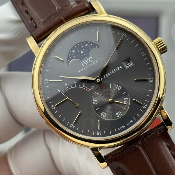 IWC Portofino Hand-Wound Moon Phase Grey Dial Gold Brown Leather Strap