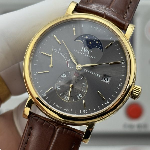 IWC Portofino Hand-Wound Moon Phase Grey Dial Gold Brown Leather Strap