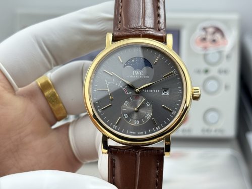 IWC Portofino Hand-Wound Moon Phase Grey Dial Gold Brown Leather Strap