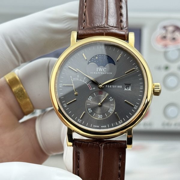 IWC Portofino Hand-Wound Moon Phase Grey Dial Gold Brown Leather Strap