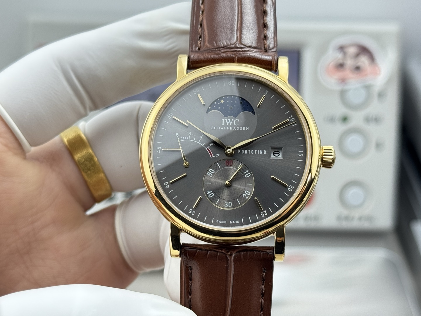 IWC Portofino Hand-Wound Moon Phase Grey Dial Gold Brown Leather Strap