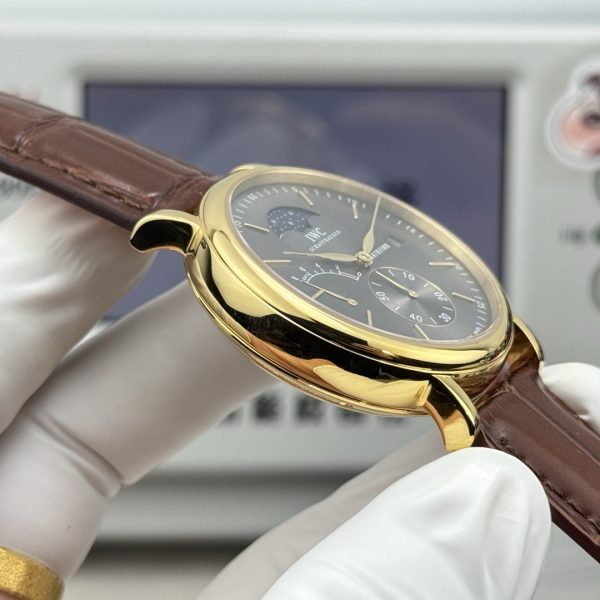 IWC Portofino Hand-Wound Moon Phase Grey Dial Gold Brown Leather Strap
