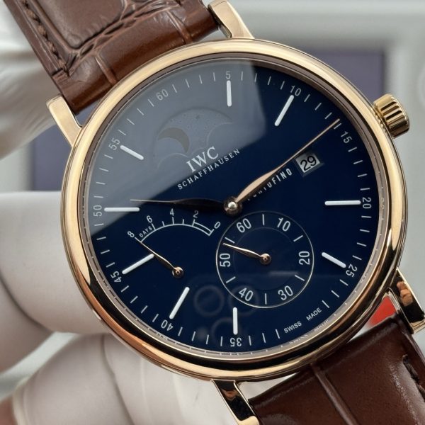 IWC Portofino Hand-Wound Moon Phase Blue Dial Gold Brown Leather Strap