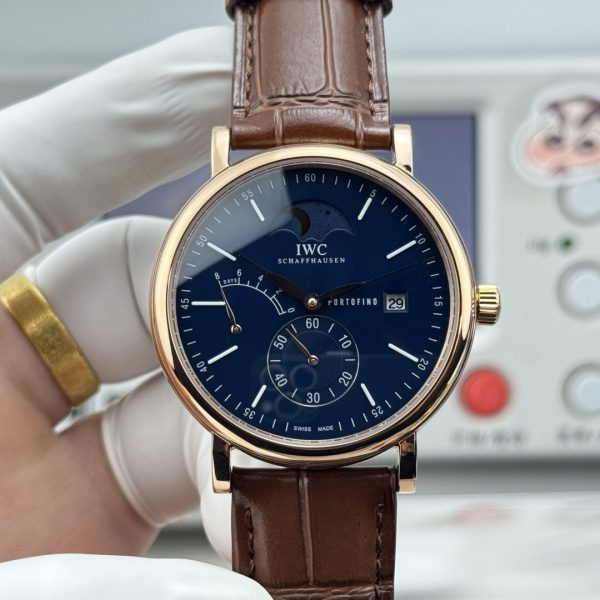 IWC Portofino Hand-Wound Moon Phase Blue Dial Gold Brown Leather Strap