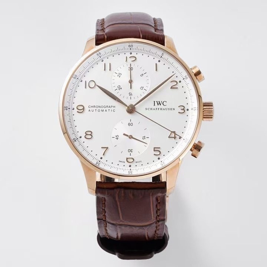 IWC Portugieser Chronograph Rose Gold Silver Dial Brown Strap