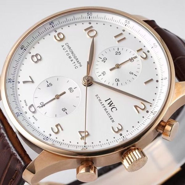 IWC Portugieser Chronograph Rose Gold Silver Dial Brown Strap