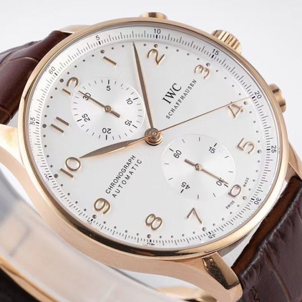 IWC Portugieser Chronograph Rose Gold Silver Dial Brown Strap