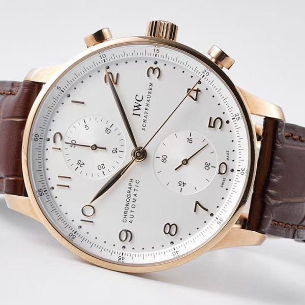 IWC Portugieser Chronograph Rose Gold Silver Dial Brown Strap